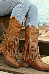 New Fashion Spring Outfit Pointed Toe Studded Fringed Mid-Calf Boots